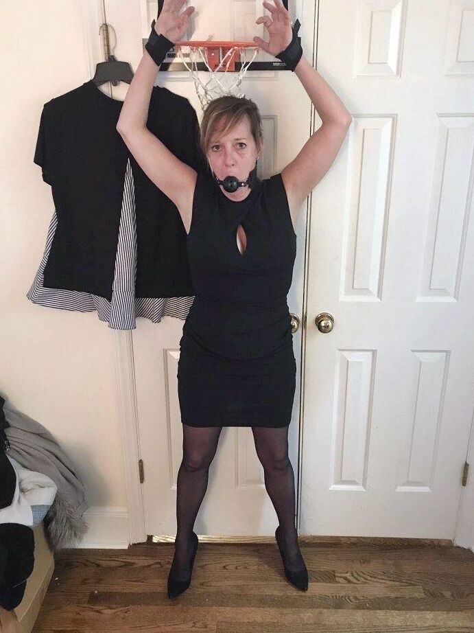 16P Mature lady Meyer is fitted with a ball gag and nipple clamps while restrained