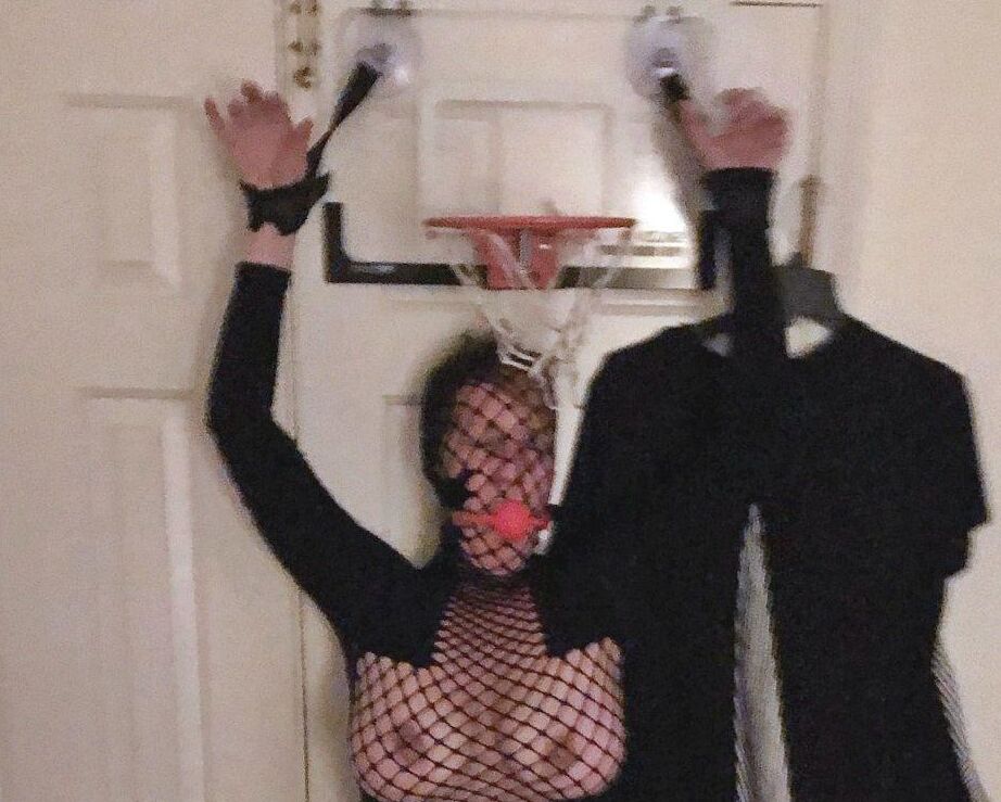 16P Mature lady Meyer is fitted with a ball gag and nipple clamps while restrained