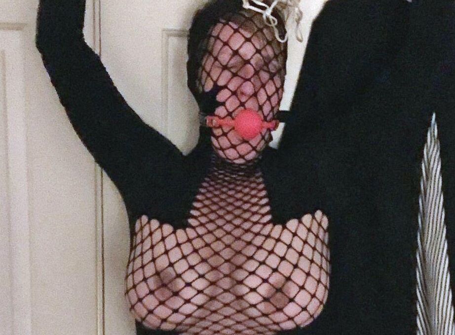 16P Mature lady Meyer is fitted with a ball gag and nipple clamps while restrained
