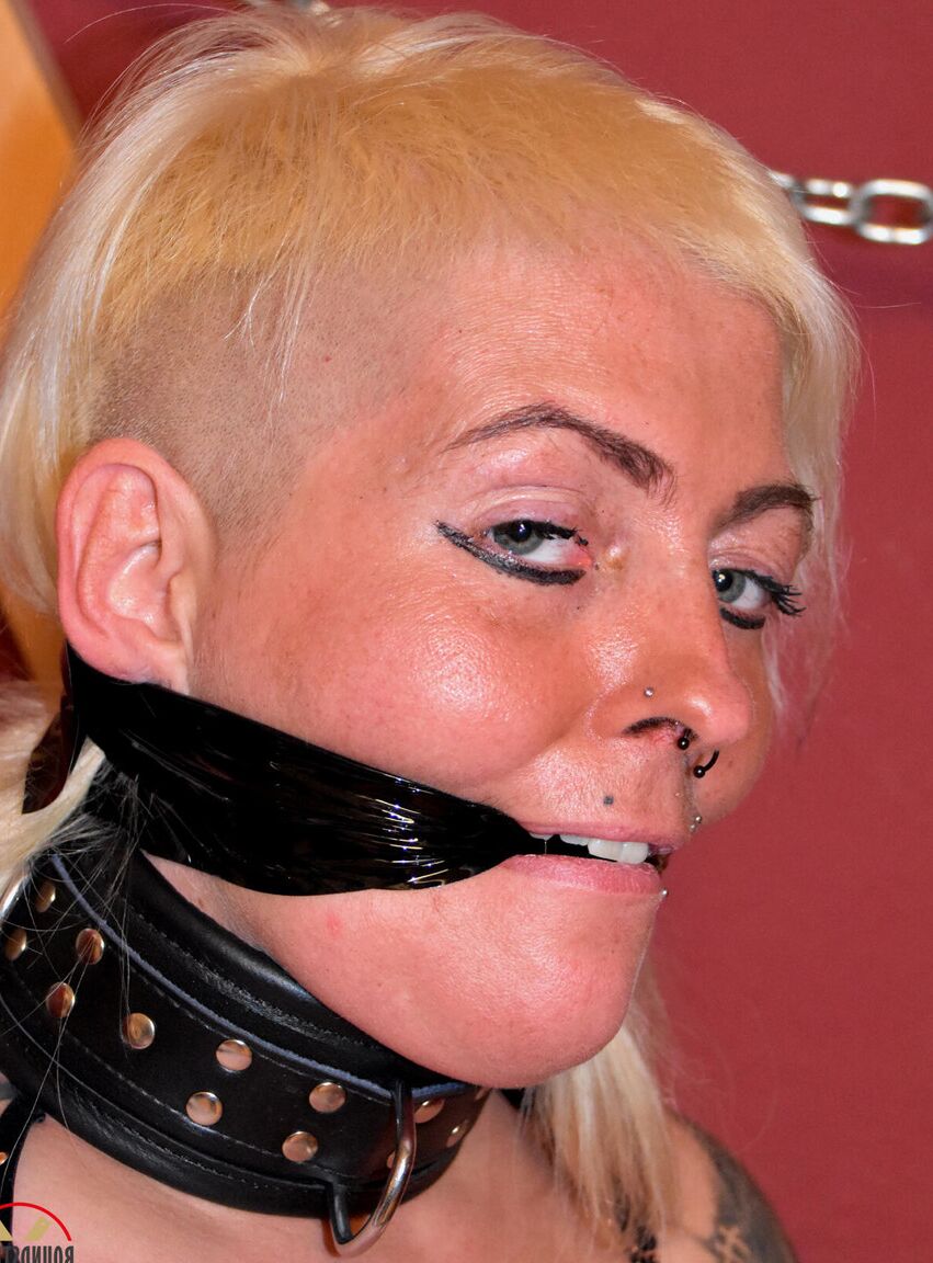 16P Tattooed blonde Hanka models various gags while cuffed and chained