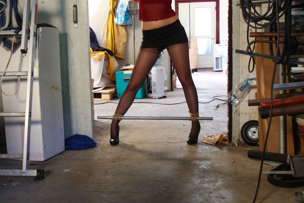 18P Blonde girl is tied up by wrists and ballgagged before forced mastrubation