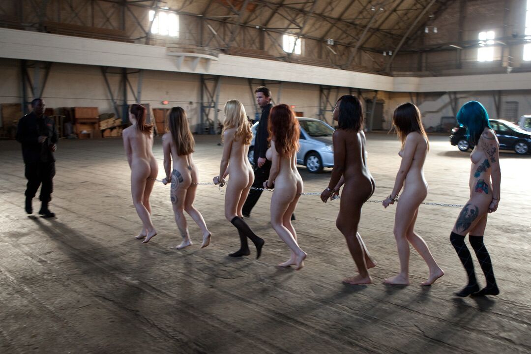 20P Lined up damsels in handcuffs getting stripped by their male BDSM handlers