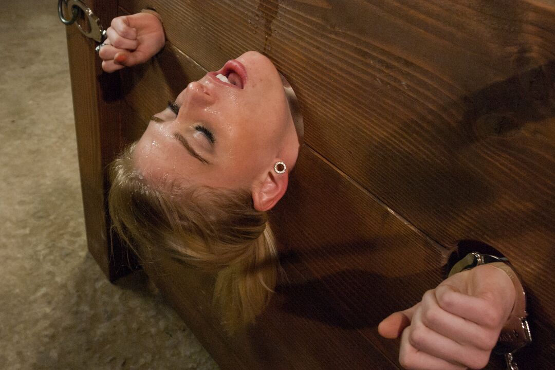 16P Kinky Allie James gets rope tied in stocks for rough BDSM fisting & toying