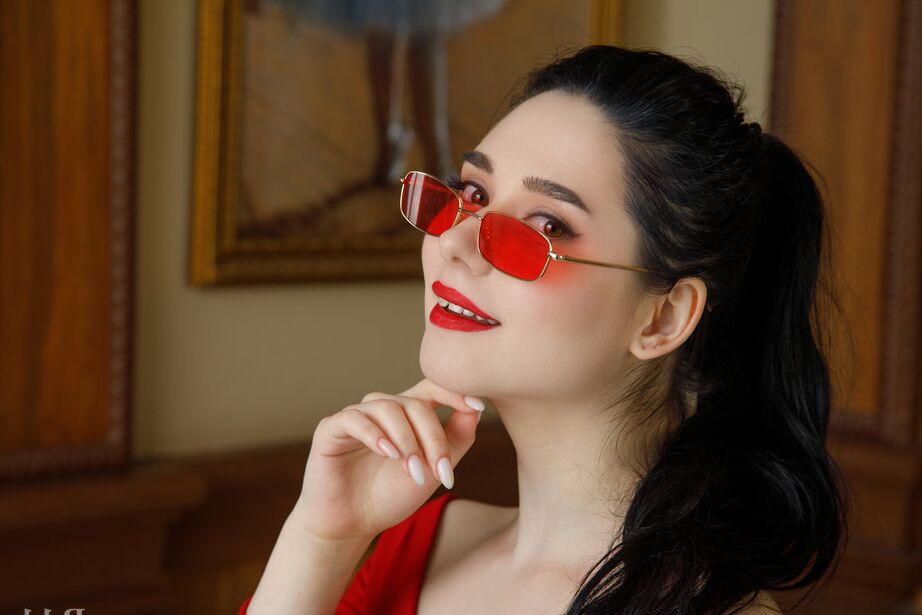 16P Beautiful brunette Ofra Gauset sports red lips while getting totally naked