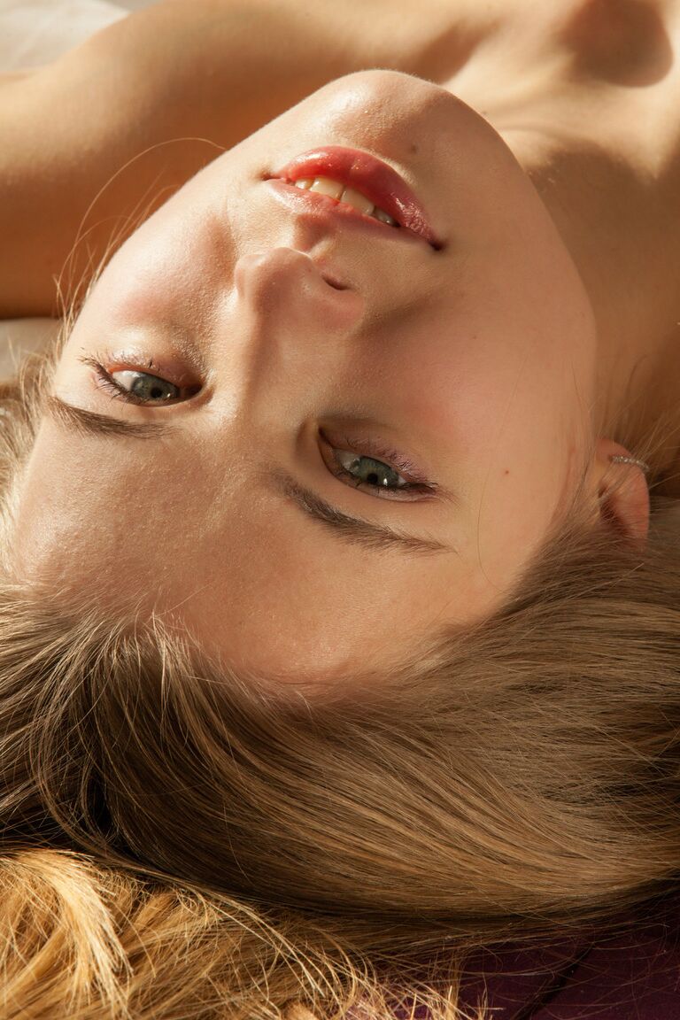 21P Blonde teen with a pretty face Sigrid gets completely naked atop her bed