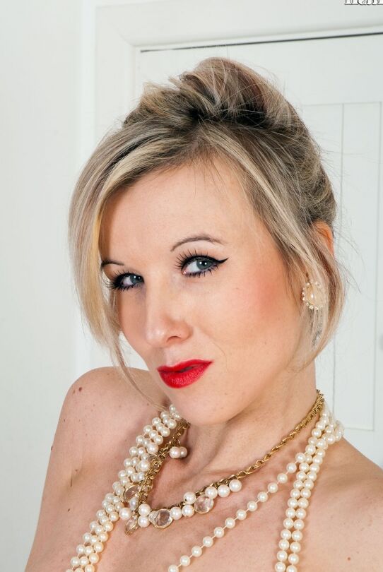15P Pinup model Evey Krystal removes vintage sheer panties to spread naked ass