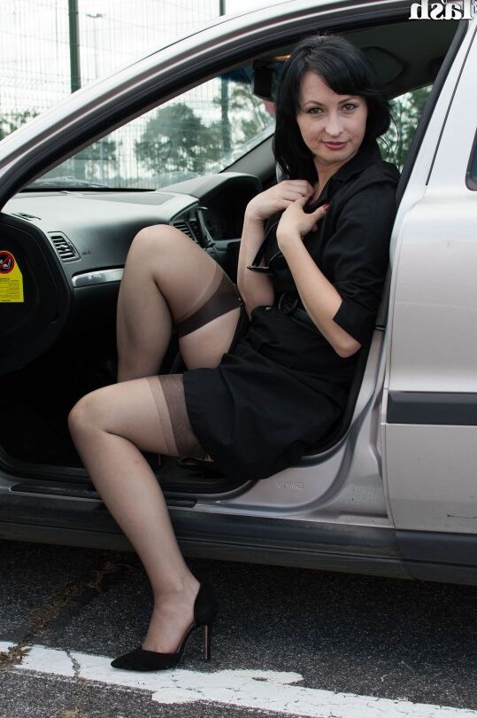 15P Brunette exhibitionist flashes tits and twat around town in garters and hose