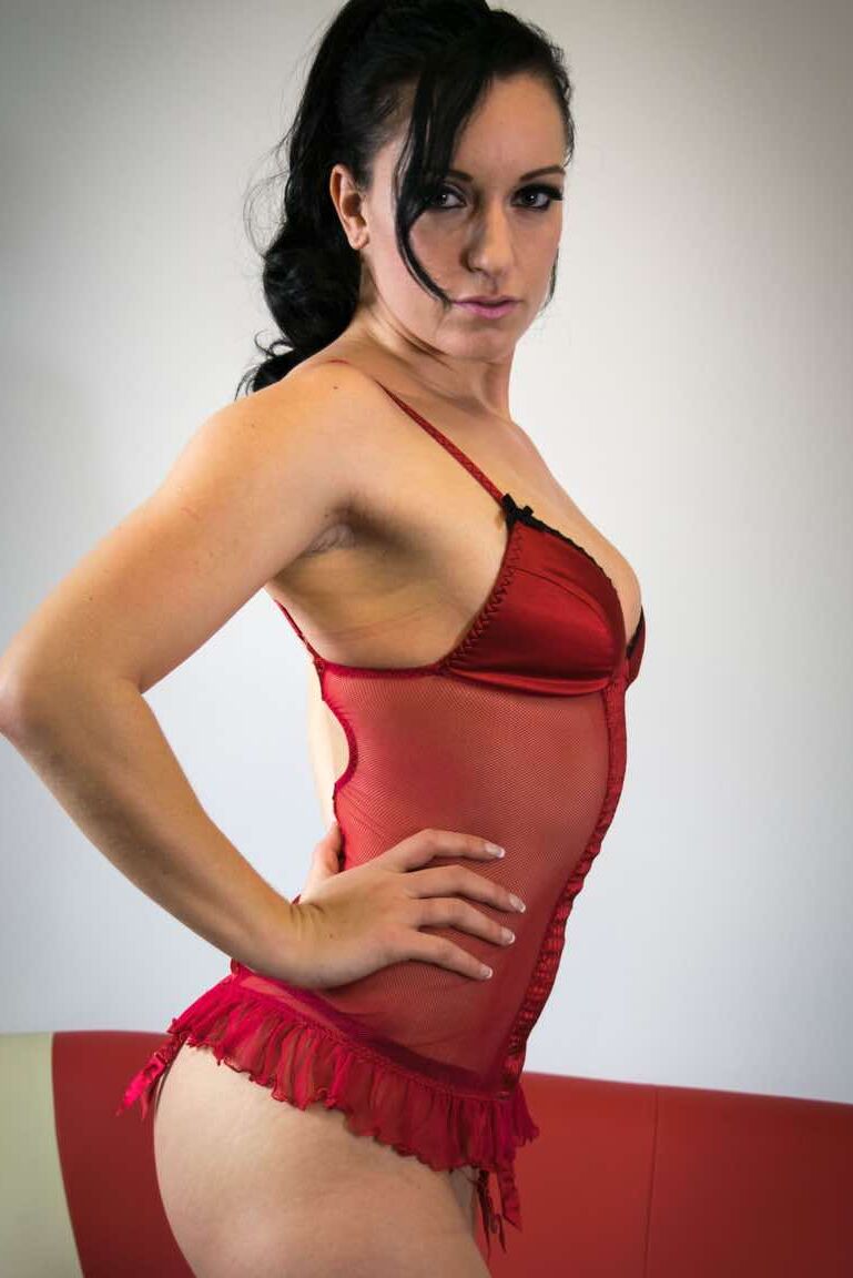 15P British brunette Jasmine Lau slides her thong aside while wearing lingerie