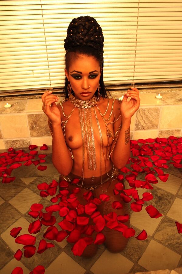 15P La MILF negra Skin Diamond posa desnuda en una bañera llena de pétalos rojos