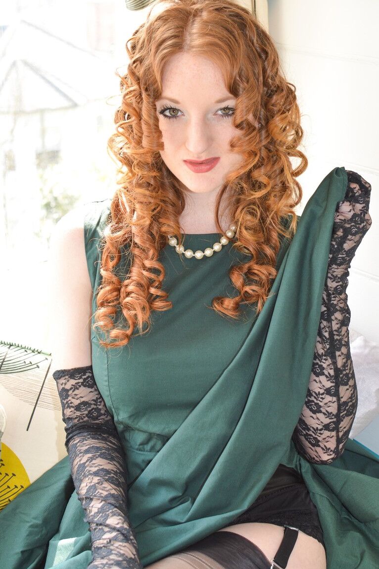17P Stylish British lady and curly-haired girlfriend in stockings flash pussies
