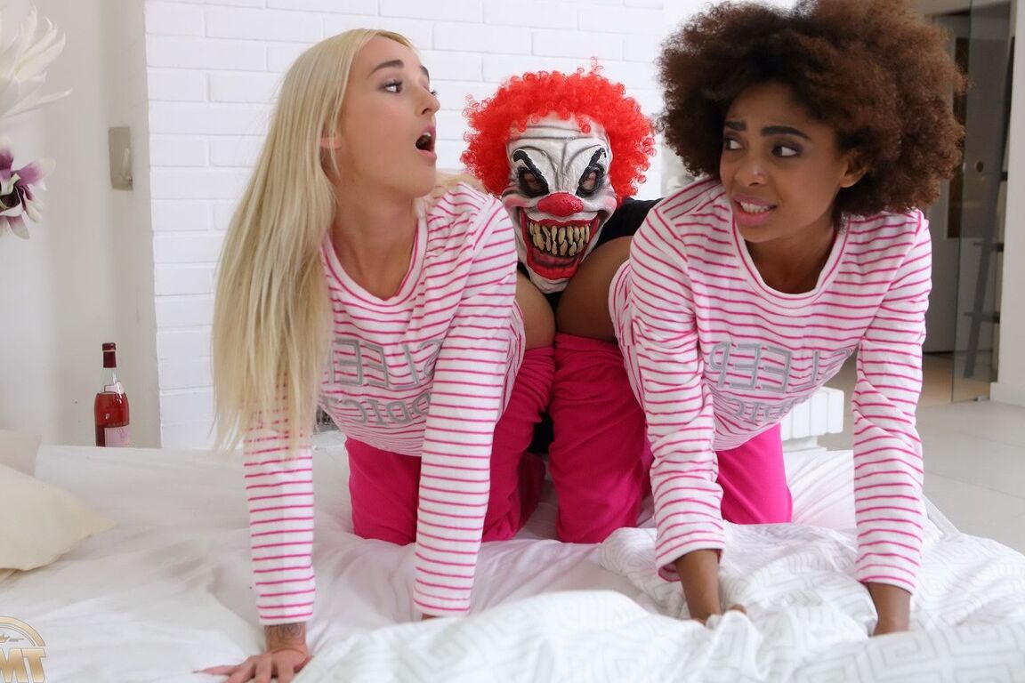 16P Tipsy girlfriends fool around in bed when an even clown plays a prank on them