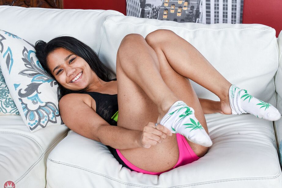 16P Black chick Loni Legend removes her pink shorts before showing her pink snatch