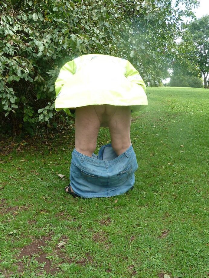 20P Fat British woman Grandma Libby exposes herself by a tree in a park