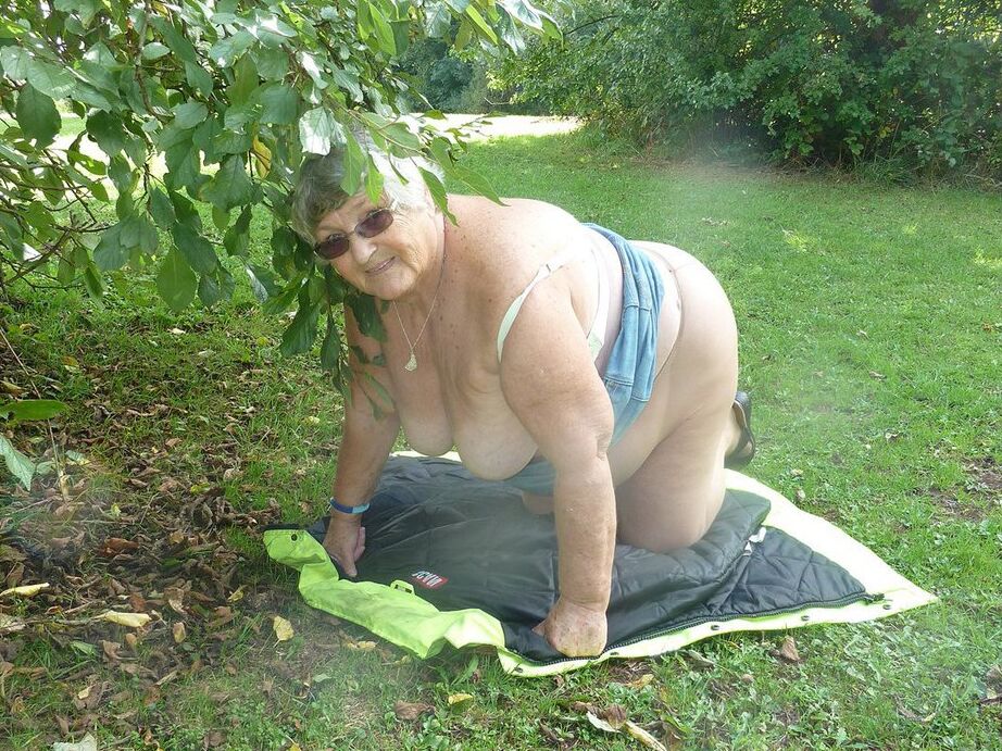 20P Fat British woman Grandma Libby exposes herself by a tree in a park