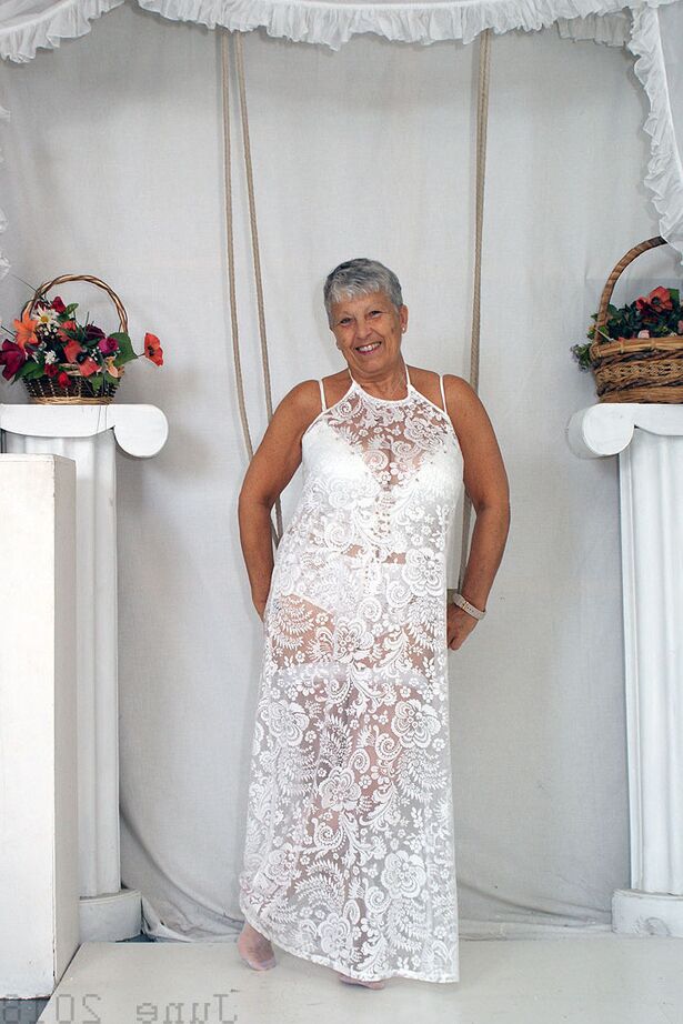 20P Short haired oma Savana models all white lingerie and hosiery on a swing