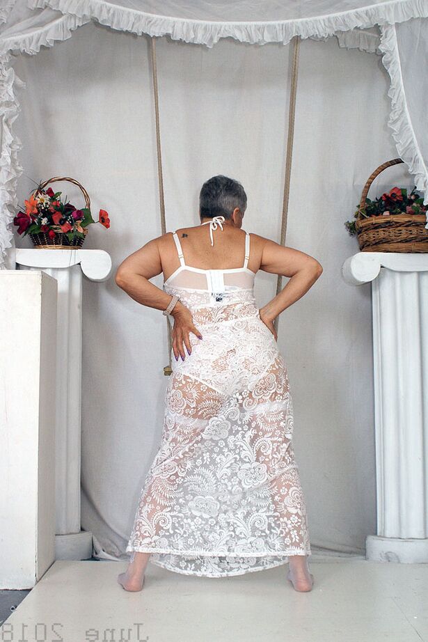 20P Short haired oma Savana models all white lingerie and hosiery on a swing
