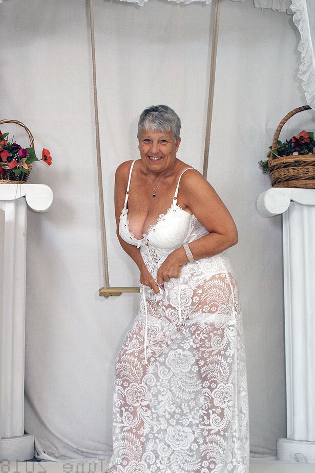 20P Short haired oma Savana models all white lingerie and hosiery on a swing