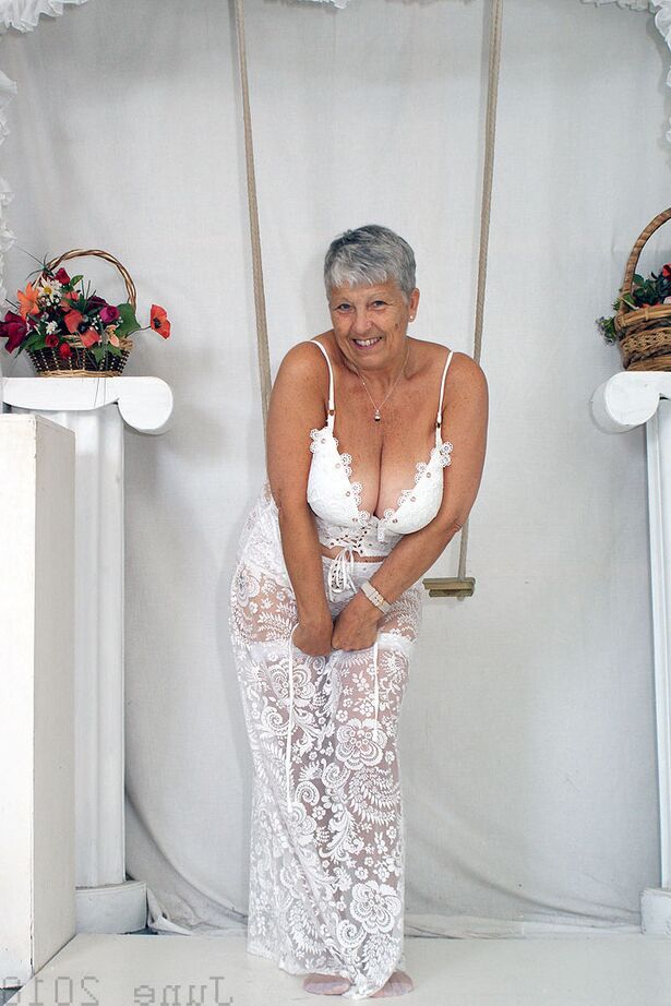 20P Short haired oma Savana models all white lingerie and hosiery on a swing