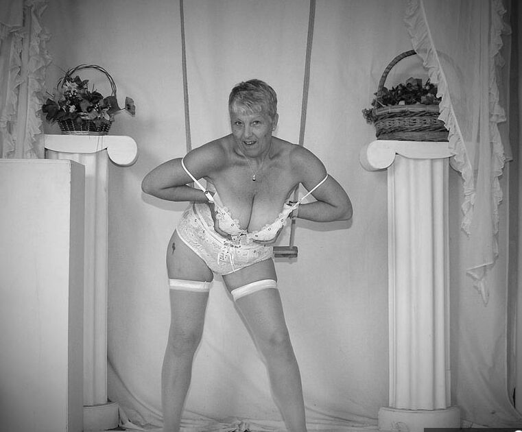 20P Short haired oma Savana models all white lingerie and hosiery on a swing