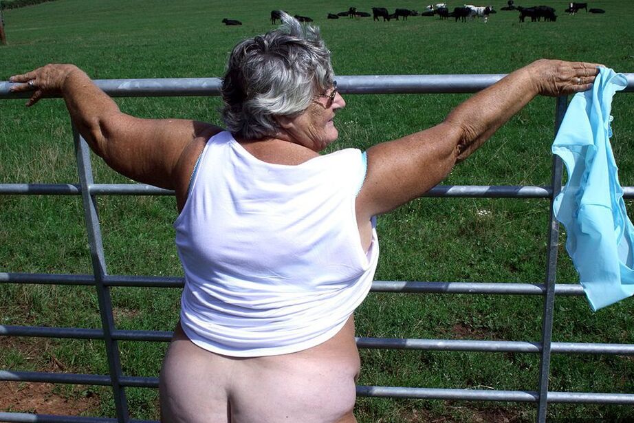20P Old British woman Grandma Libby exposes herself next to a field of cattle