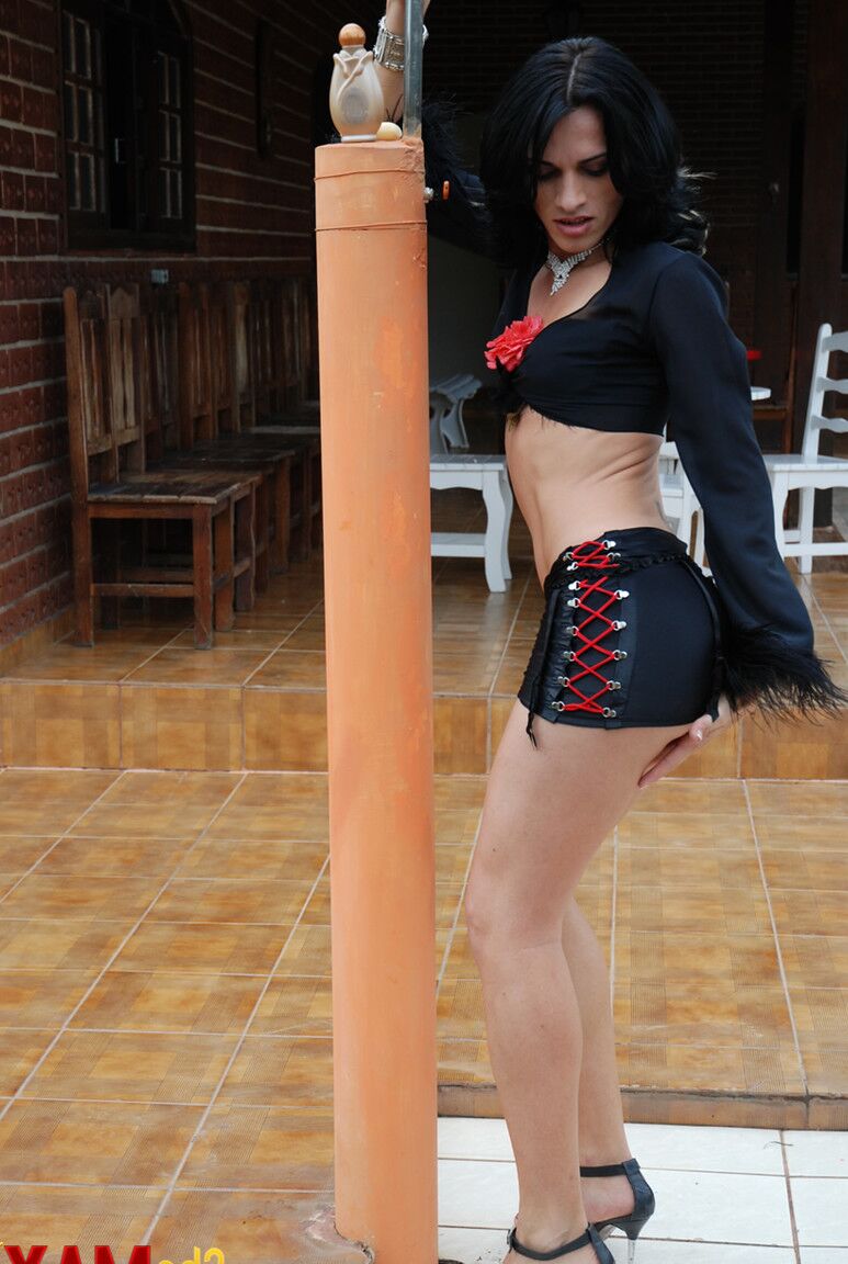 21P Raven-haired shemale Marcia Kelly	jerks off & sucks her own dick by the pool