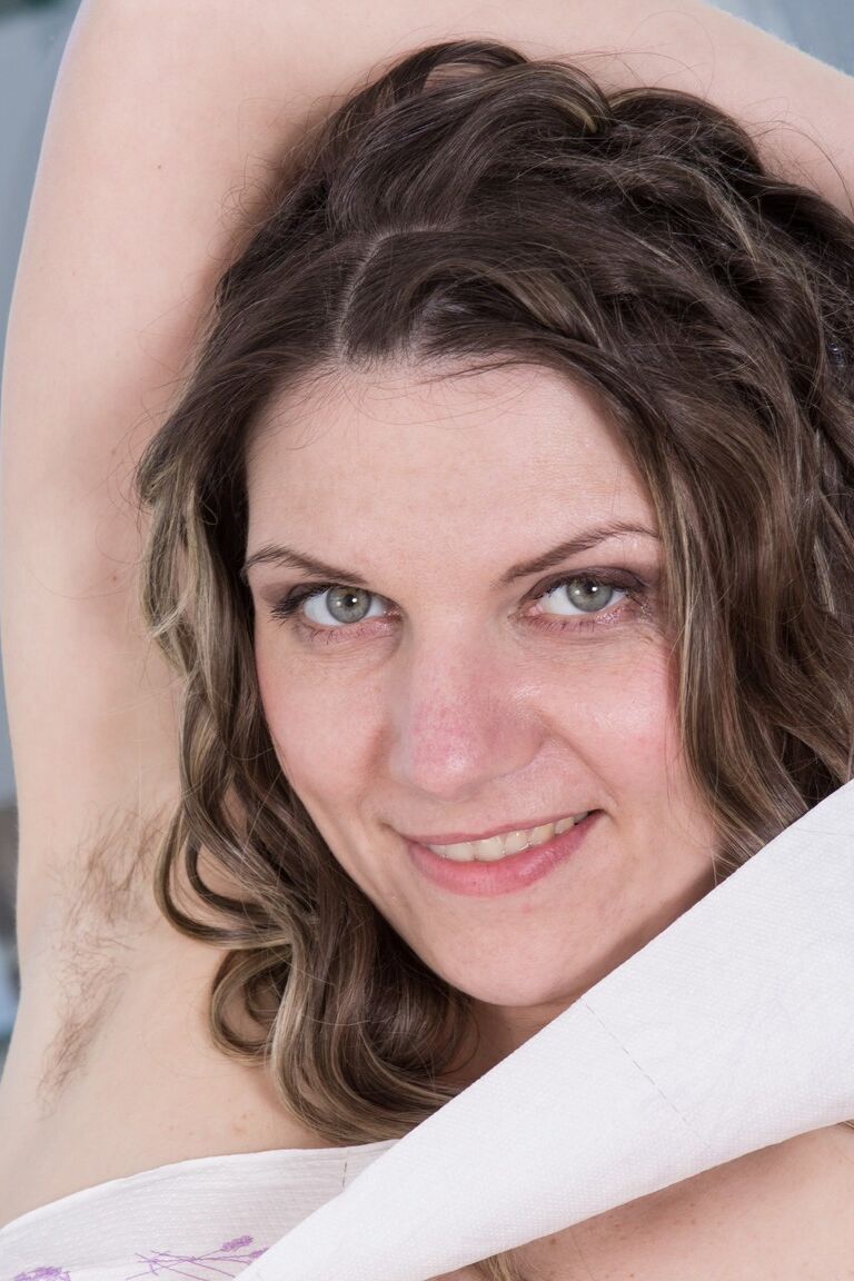 21P Curly haired cleaning lady Aga strips and massages her fuzzy holes