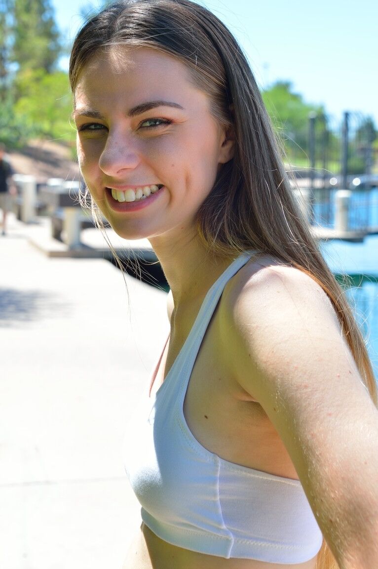 21P Brunette teen Carmen fucks herself with a banana in public before eating it