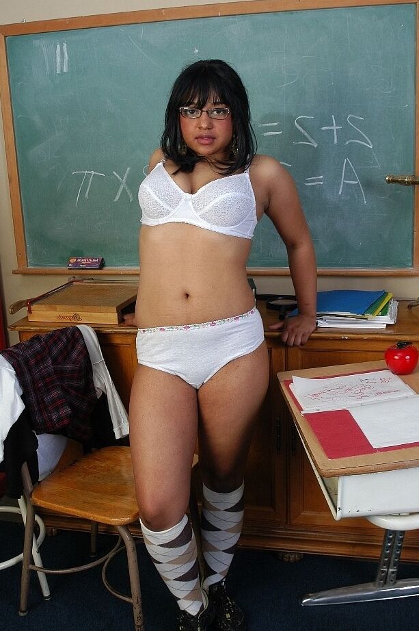 16P Mature fatty Lily stripping down to argyle socks and glasses in schoolroom
