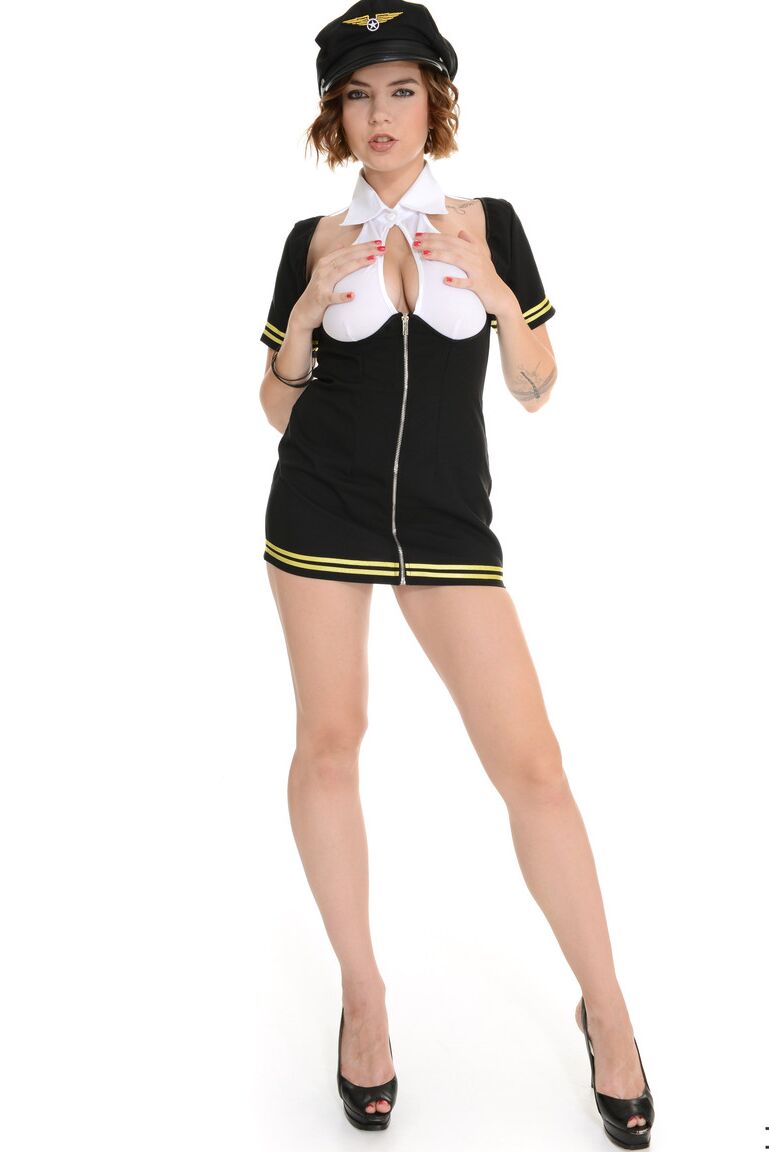 15P Leggy girl Marina Visconti frees big naturals from pilot uniform as she strips