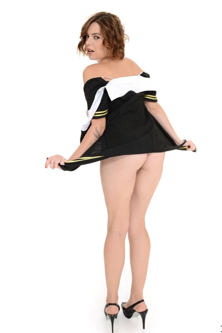 15P Leggy girl Marina Visconti frees big naturals from pilot uniform as she strips