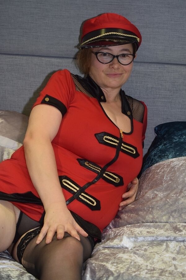 20P Older first timer looses her saggy breasts from her uniform on a bed