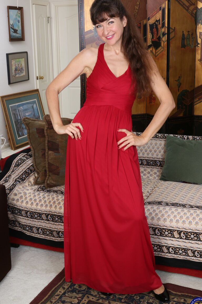 16P Hot mature in gown flashes panty upskirt & strips to spread for dildo toying