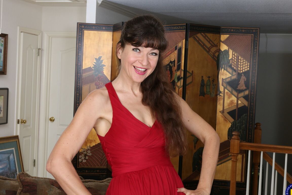 16P Hot mature in gown flashes panty upskirt & strips to spread for dildo toying