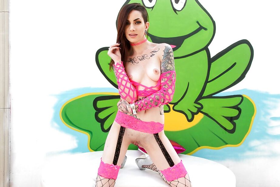 16P A estrela pornográfica com tinta Sheena Rose posando para fotos solo sensuais em meias arrastão