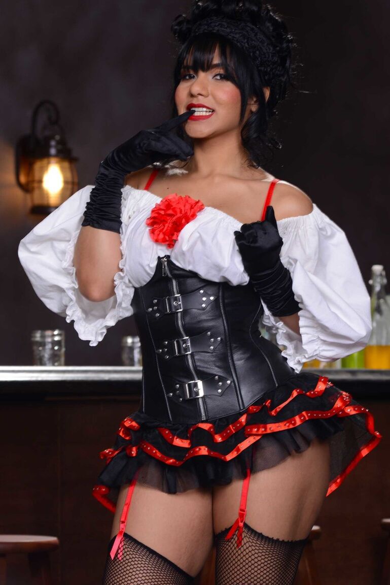 21P Spanish waitress Rose Monroe serves up her tits and twat at the bar