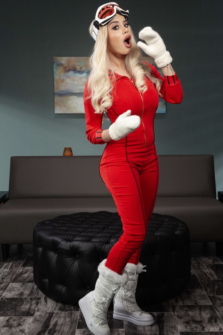 21P Busty blonde babe Victoria June doffs her red uniform and takes a dick