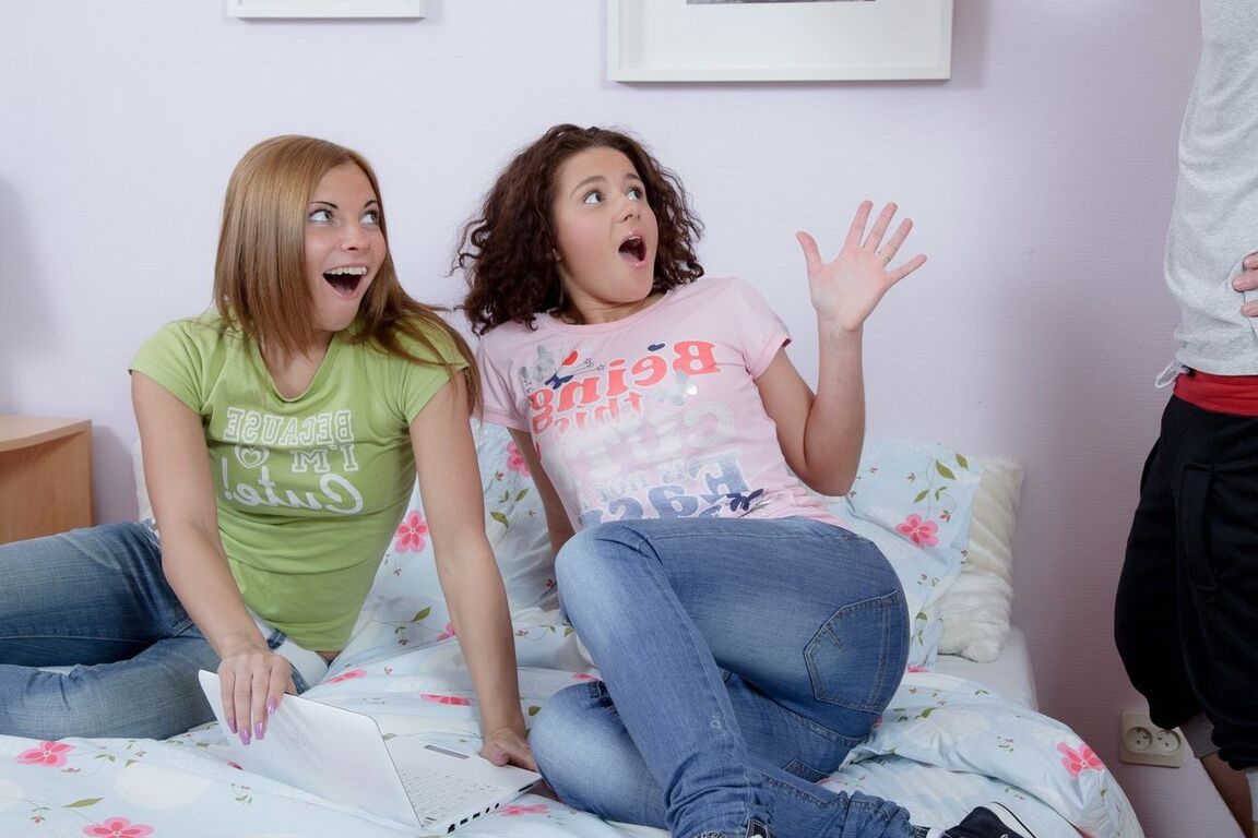 14P Charming teens Francheska & Lara expose their bras before a 3some with a boy