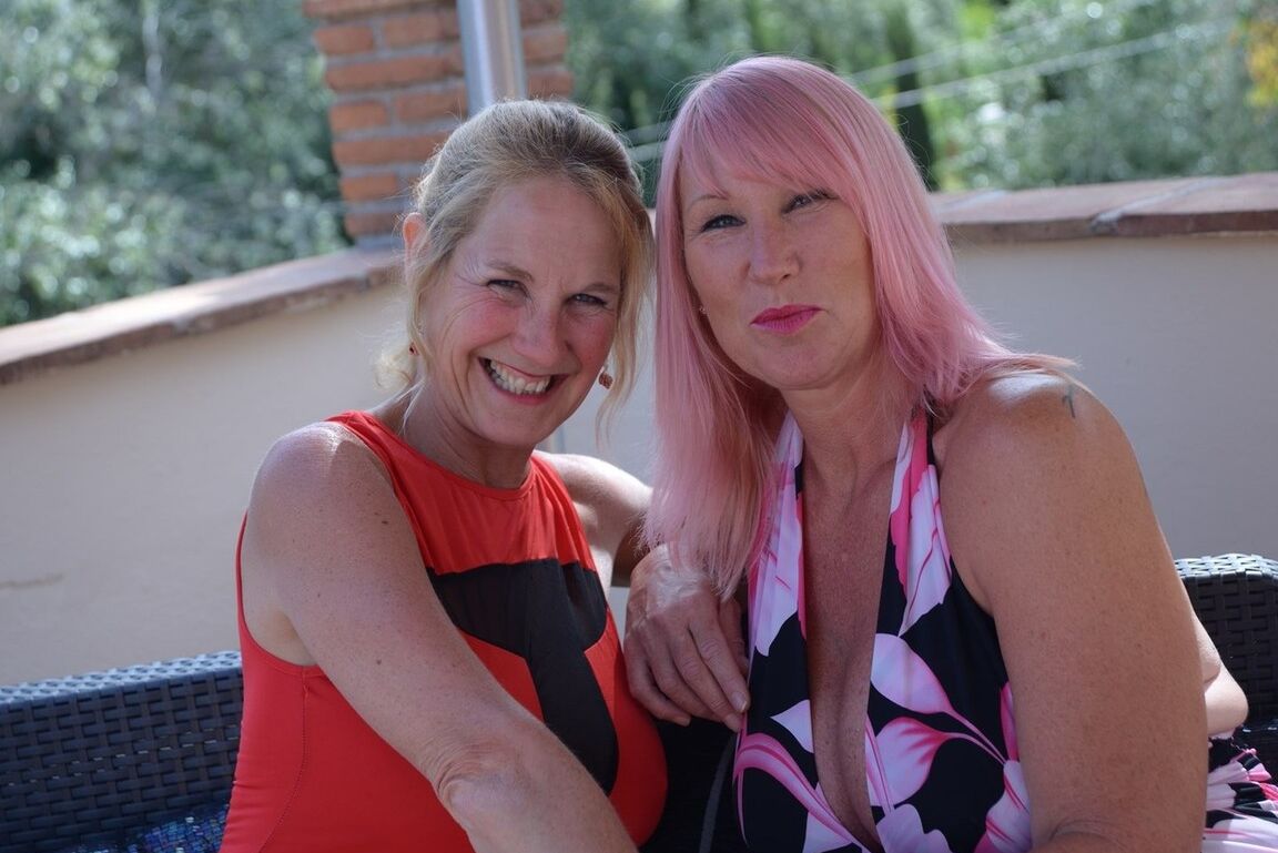 16P Middle-aged lesbians Melody & Molly MILF play with each others tits on a patio