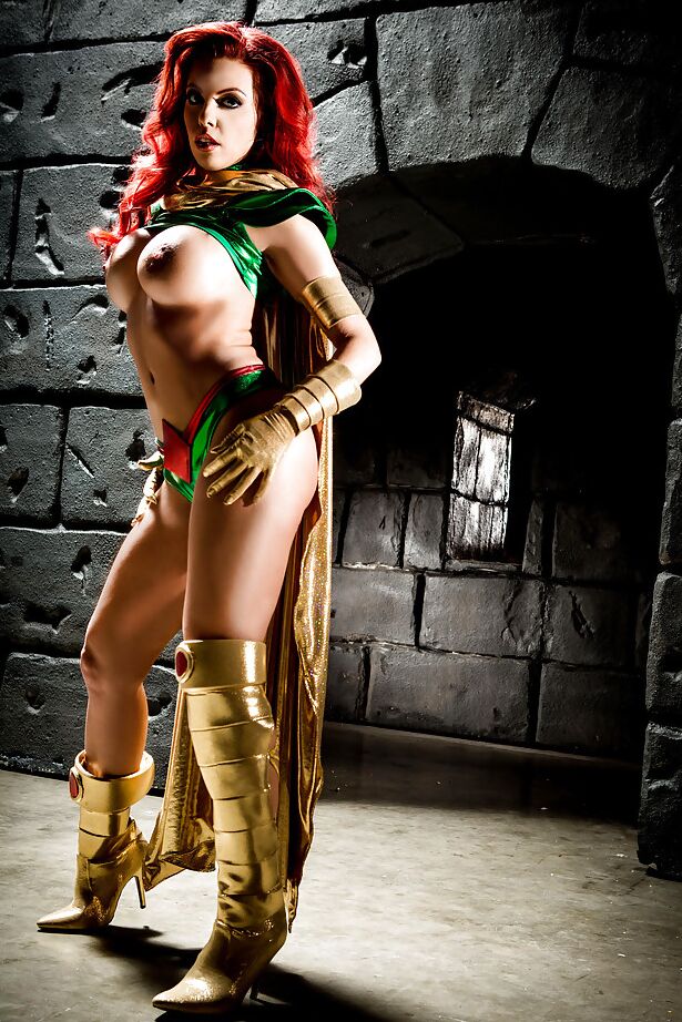 16P Busty redhead Britney Amber modeling topless in cosplay outfit
