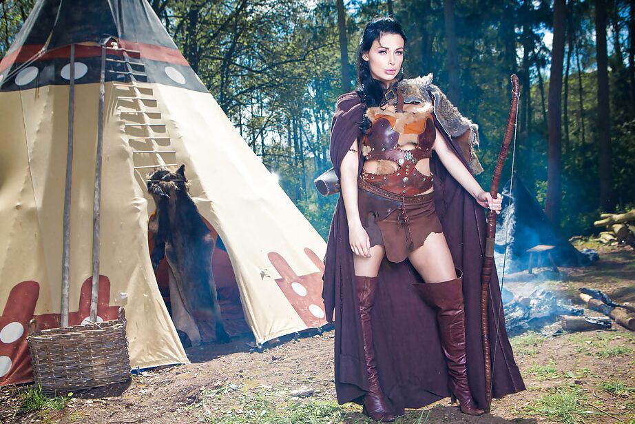16P Brunette babe Aletta Ocean frees massive juggs from cosplay outfit outdoors