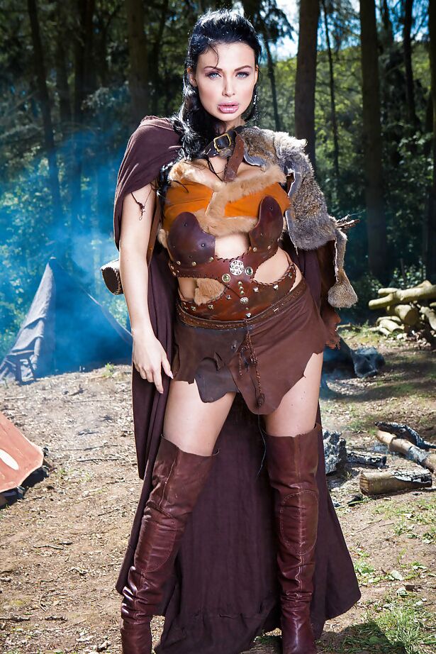 16P Brunette babe Aletta Ocean frees massive juggs from cosplay outfit outdoors