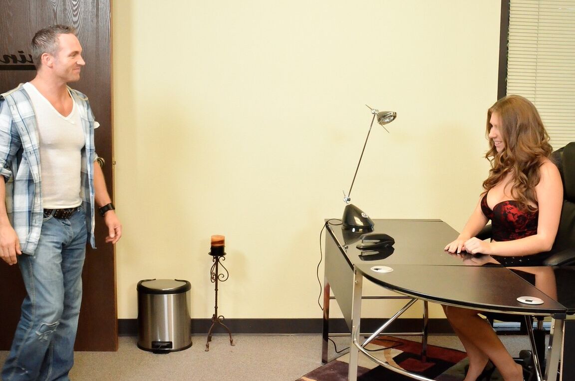 15P Pretty receptionist Alex Chance has sexual intercourse on a leather chair