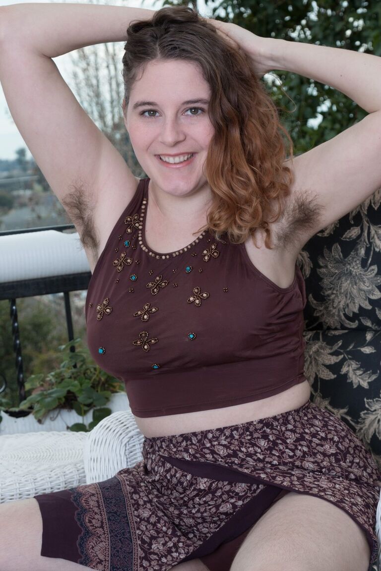 18P Big titted brunette with hairy armpits Eleanor Rose reveals her hairy snatch