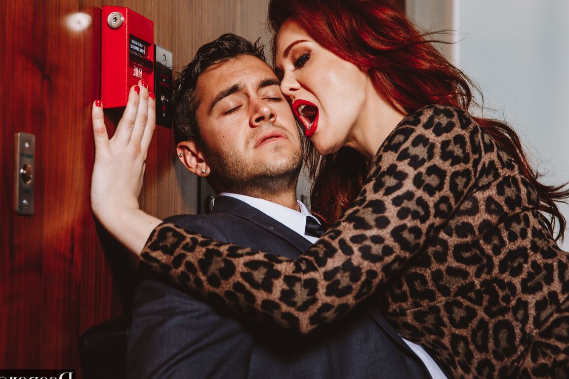 20P Redheaded femdom Maitland Ward fucks a throbbing rod in her cuckold's presence