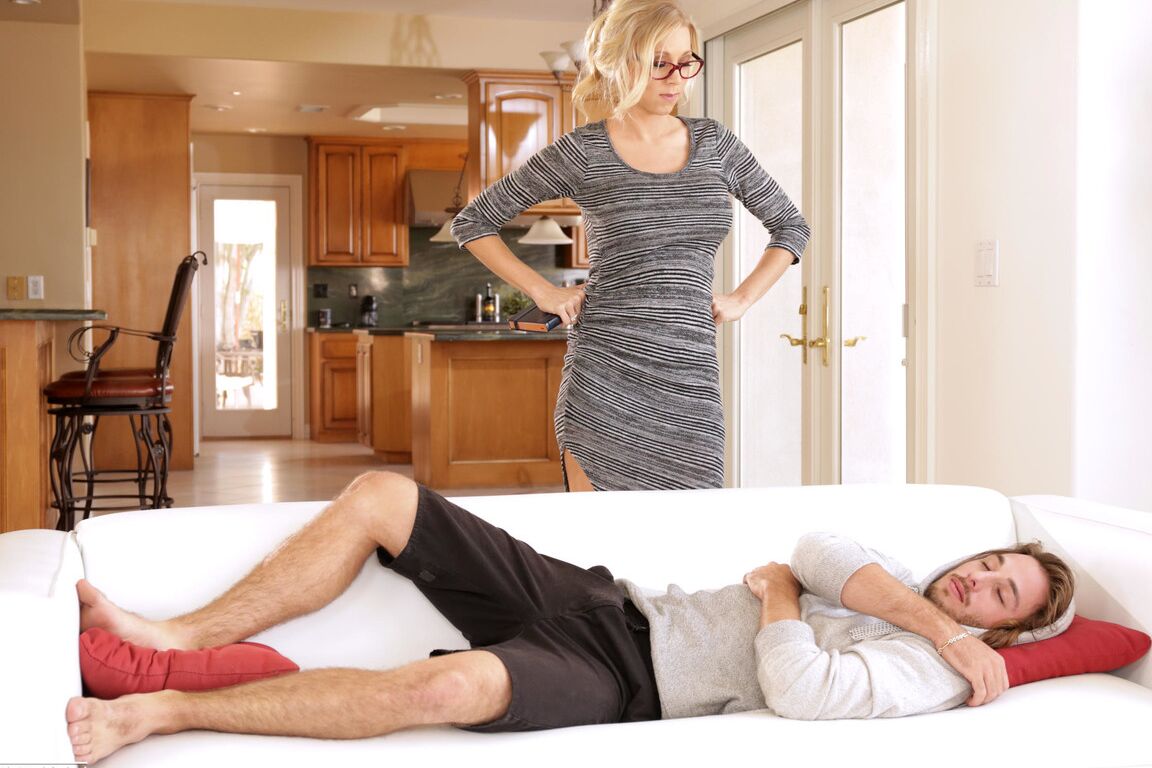 21P Big titted MILF Katie Morgan wakes up a cute stud and bangs him on the sofa
