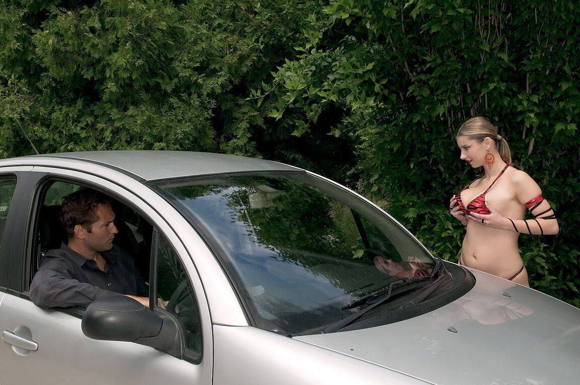 16P Sexy chick Katarina Dubrova seduces a man in passing car wearing a bikini