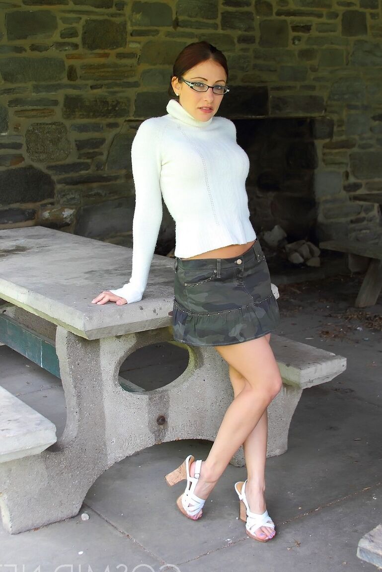 16P Glasses clad amateur Jordana flashes panty upskirt and shows tits in public