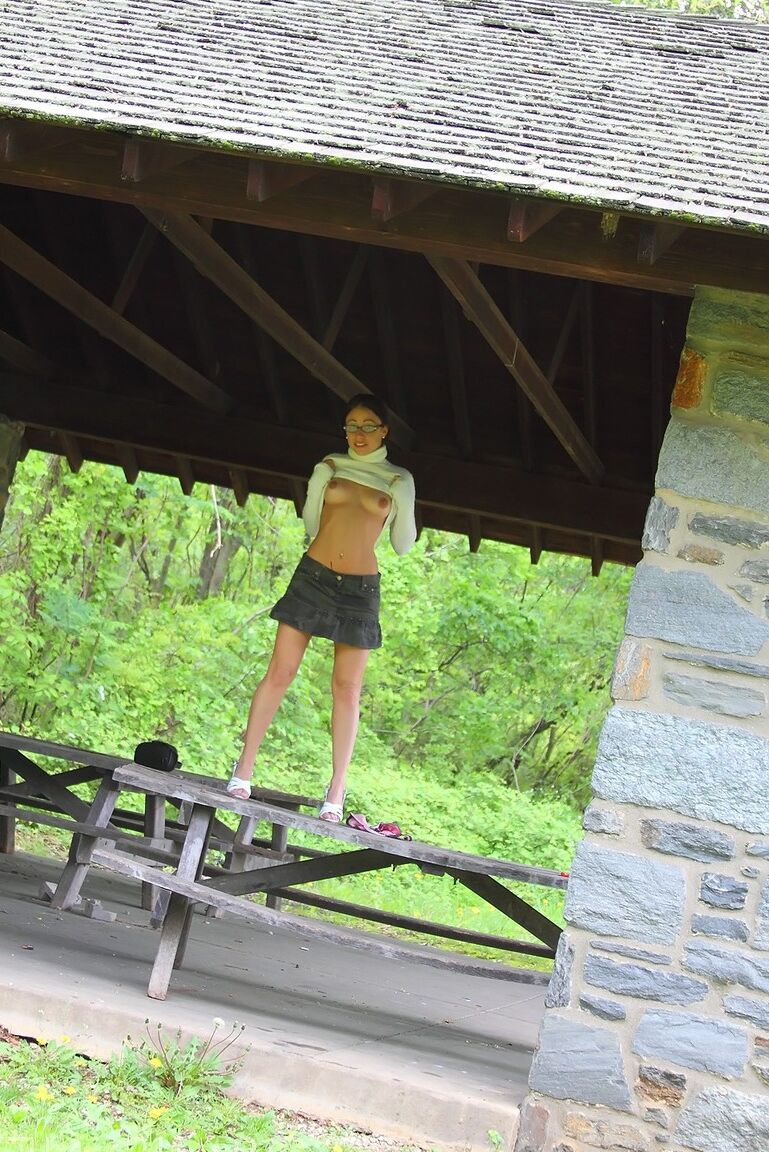 16P Glasses clad amateur Jordana flashes panty upskirt and shows tits in public