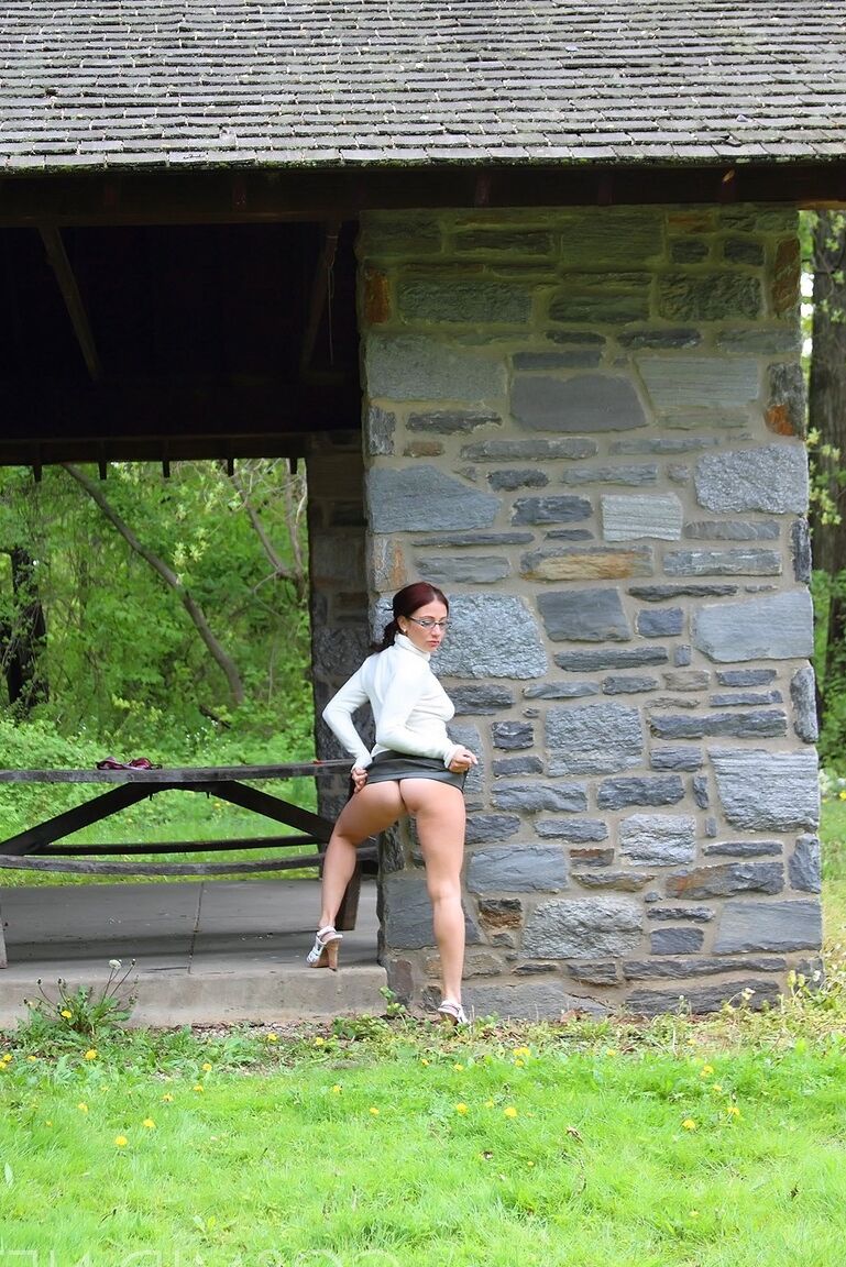 16P Glasses clad amateur Jordana flashes panty upskirt and shows tits in public