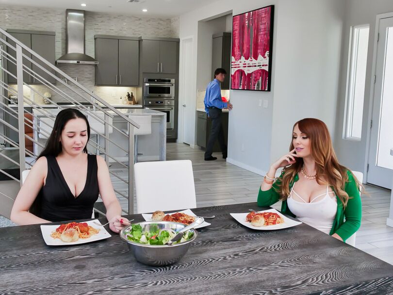 21P Redheaded MILF with firm fakes Dani Jensen rides a dick in the kitchen